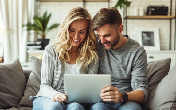 A man and woman of different races sitting together on a couch, engaged with a tablet device - Powered by Adobe