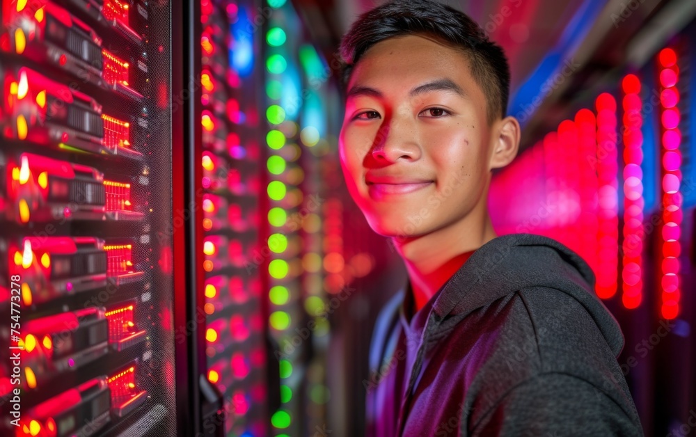 Poster a man of multiracial descent stands in front of a rack of servers, examining the equipment in a data
