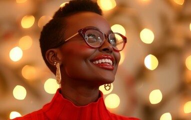 A multiracial woman with glasses dressed in a red shirt