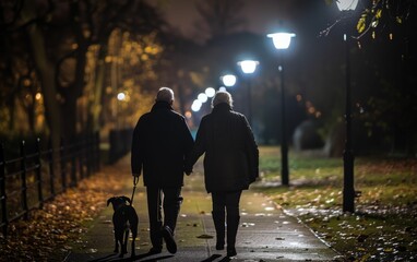Multiracial couple walking a dog on a sidewalk at night, under streetlights