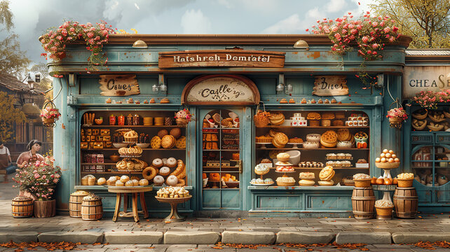 Quaint vintage bakery shopfront adorned with an array of bread and pastries,
