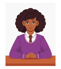 Young African-American female student sitting at a desk. Teenage girl in school costume in class. Vector. The concept of learning, working, getting a profession. 