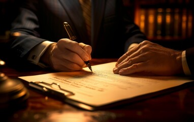 A multiracial man in a formal suit is writing on a piece of paper - obrazy, fototapety, plakaty
