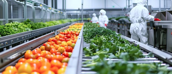 A conveyor system transports the mature, mouth-watering produce to an adjacent packaging area where workers in pristine cleanroom suits carefully harvest, inspect, and prepare each flawless fruit and  - obrazy, fototapety, plakaty