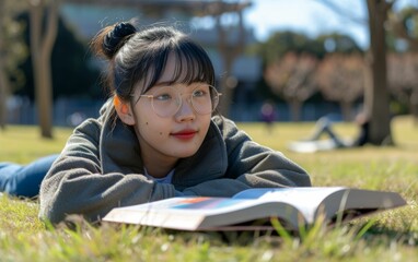 A multiracial girl lying on the grass engrossed in reading a book