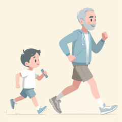 illustration of a grandfather and his grandson jogging. elderly health concept