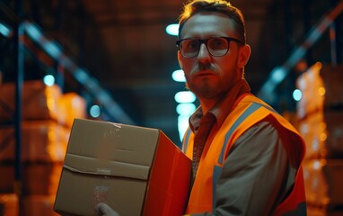 A multiracial man is seen holding a box in a warehouse setting - Powered by Adobe