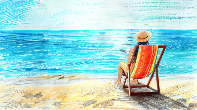 Person in a hat seated on a striped chair, gazing at the sea