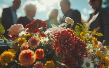 A diverse group of people standing together around a vibrant bunch of flowers, observing and possibly discussing