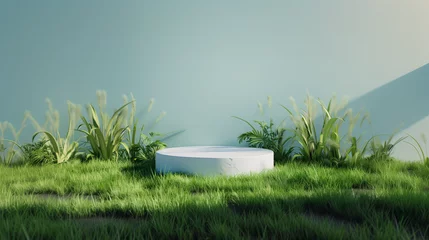 Fotobehang Mise en scène minimaliste : Un podium en béton brut sur fond de verdure rase © Etherbrush