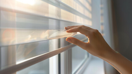 A person's hand gently touches window blinds with sunlight streaming through