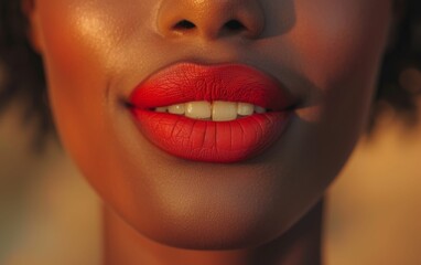 Obraz premium A close-up view of a multiracial womans face, wearing vibrant red lipstick