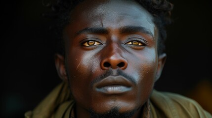 Close-up view of a multiracial man with striking yellow eyes staring directly at the camera - Powered by Adobe