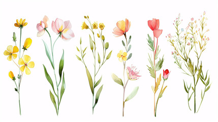 Watercolor blooms in various colors arranged on a white canvas