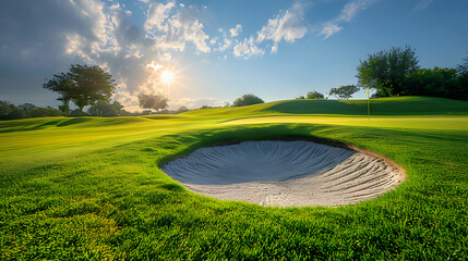 A sunny golf course with a green and sand pit in a blue sky. - obrazy, fototapety, plakaty
