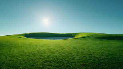 A sunny golf course with a green and sand pit in a blue sky. - obrazy, fototapety, plakaty