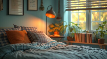 A corner of cozy bedroom at home. Badroom with bad, pillow, With a floor lamp, bookshelf. Very cute cozy interior design, romantic dim lighting - obrazy, fototapety, plakaty