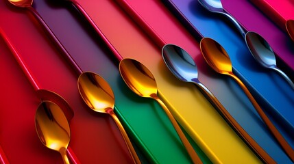 Shiny forks, knives, and spoons are elegantly arranged diagonally on a red background, presenting an avant-garde design for upscale cutlery shops or restaurants.
