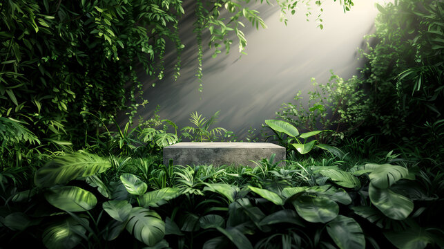 Éden tropical : Un podium en pierre invite à la découverte dans une jungle luxuriante