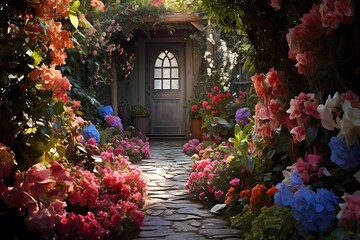 Fototapeta na wymiar Secret Garden Oasis: Hidden Pathway Amongst Vibrant Blooms