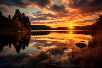 Obraz premium Serenity at Sunset: Golden Hour Glow Reflecting