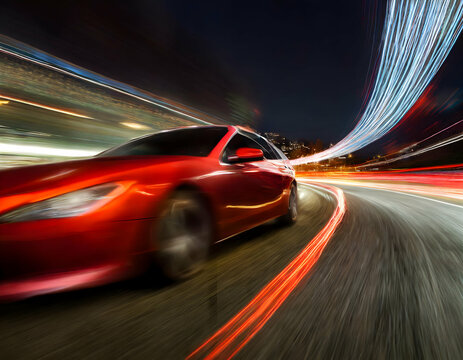 Red Business car on high speed in turn and high-speed highway with motion speed.