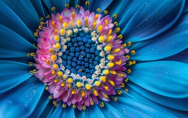 Blue gerbera daisy with a colorful center in a macro photo. Close up of a blue gerbera daisy center with yellow stamens and pink tubes - obrazy, fototapety, plakaty
