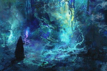 Digital painting of A summoner calls forth powerful creatures from the depths of the cave map.
