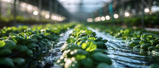 A futuristic hydroponic farm fills a vast, climate-controlled greenhouse with row after row of gently undulating growing tubes. Nutrient-rich water flows in circulating channels, bathing the exposed r - obrazy, fototapety, plakaty