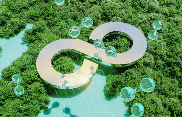 Infinity symbol with hydrogen H2 molecules on green forest background. Sustainable energy concept. 3d rendering. - obrazy, fototapety, plakaty