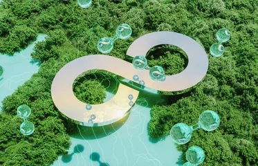 Foto op Canvas Infinity symbol with hydrogen H2 molecules on green forest background. Sustainable energy concept. 3d rendering. © mim.girl