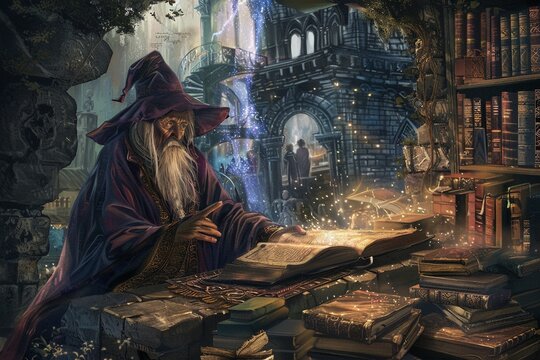 Digital painting of The wizard studies ancient tomes in the tower map unlocking arcane knowledge.