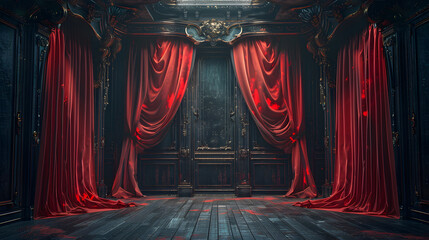 a stage with a black and gold background, red curtains, classic and vintage. 