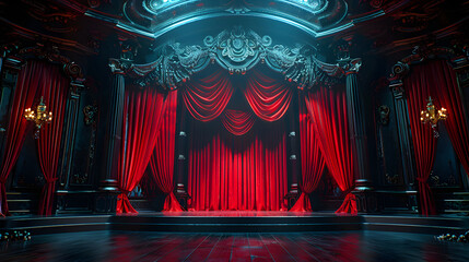 a stage with a black and gold background, red curtains, classic and vintage. 