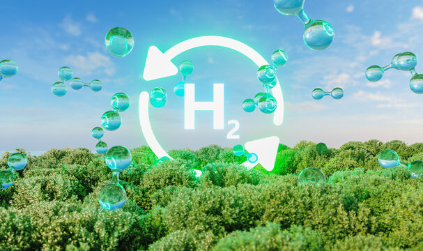 Hydrogen H2 icon symbol with molecules on green forest background. Sustainable energy concept. 3d rendering.