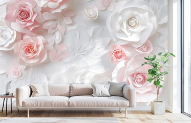 Elegant Living Room With Large Floral Wall Art and Modern Furniture
