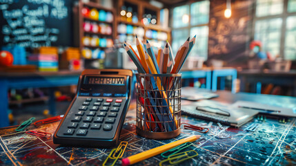 Obraz premium Colorful School Supplies on Desk, Education and Learning Concept, Creative Student Workspace, Back to School