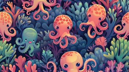 Fototapeta na wymiar Kawaii Art of Baby octopuses hiding among coral reefs.