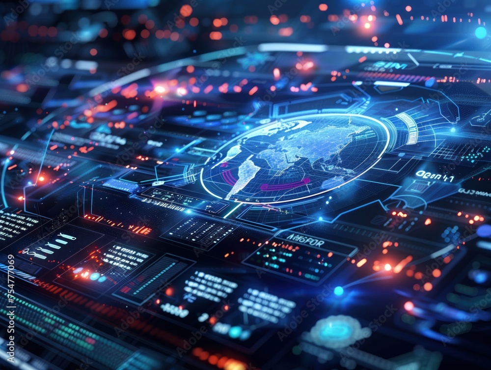 Poster global network operations interface, a complex, futuristic interface with a detailed hologram of the