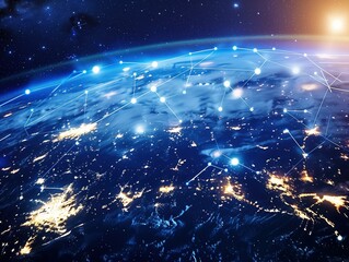 Obraz premium Global Network Connectivity, global communication links with illuminated network connections and nodes over the Earth from space, signifying international connectivity