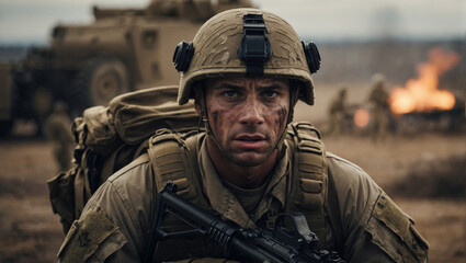 Obraz premium Portrait of a Terrified American Soldier on the Battlefield of the of a Modern War 