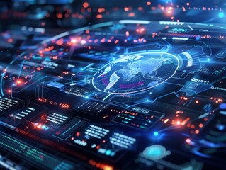Obraz premium Global Network Operations Interface, a complex, futuristic interface with a detailed hologram of the Earth at its center, surrounded by data analytics, network connections, and illuminated digital