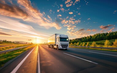 Sunset Journey of a Freight Truck, A modern truck travels on a highway at sunset, showcasing the beauty of logistic transport against a backdrop of vibrant sky and tranquil countryside.
