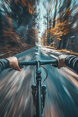 Rider driving bicycle on an asphalt road. Two hand on bike handlebar. Motion blurred background. World bicycle day. Celebrating the beauty of the bicycle on World Bicycle Day.
