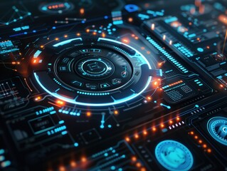 Advanced Control Interface, a sophisticated, high-tech control interface with intricate digital panels, illuminated indicators, and dynamic holographic elements, indicative of futuristic technology