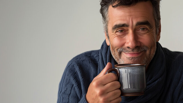 Smiling businessman enjoying a hot cup of coffee while checking his phone during a break