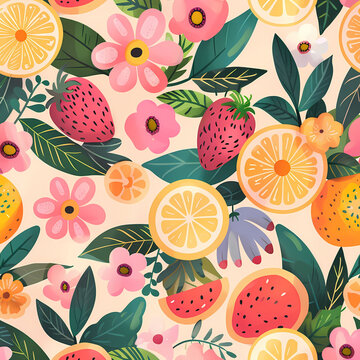 Pattern flower and fruit are seamless, colorful, wallpaper. Patterns design