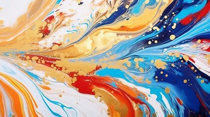 Yellow liquid marble serves as the backdrop for blue and red streaks, sprinkled with gold sparkles, creating a vibrant avant-garde painting with rich texture.