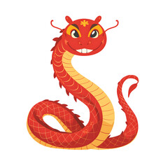 Fototapeta premium Cute simple illustration of funny weird smiling Chinese oriental Snake zodiac sign in cartoon style. Isolated design element for Chinese New Year 2025