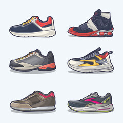 Set collection of shoe cartoon icons, Vector Concept Flat design. Vector illustration Sneakers in flat style. vector sneaker shoes side view.